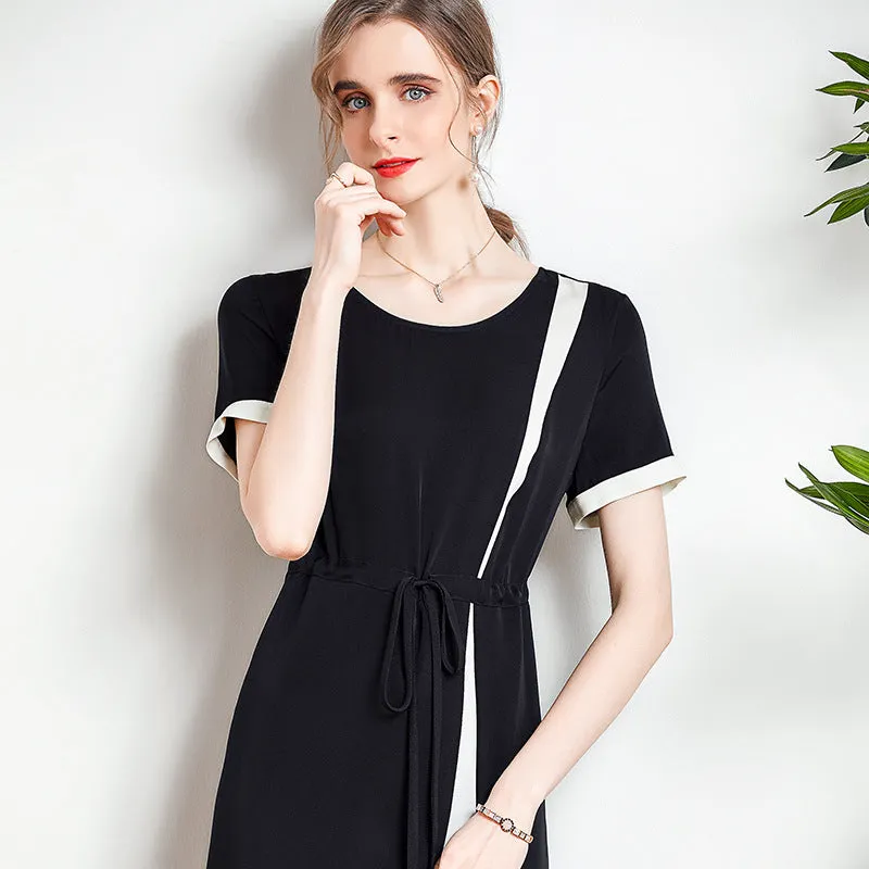Women's Summer Silk Dress Waist Contrast Color Mid-length Dress