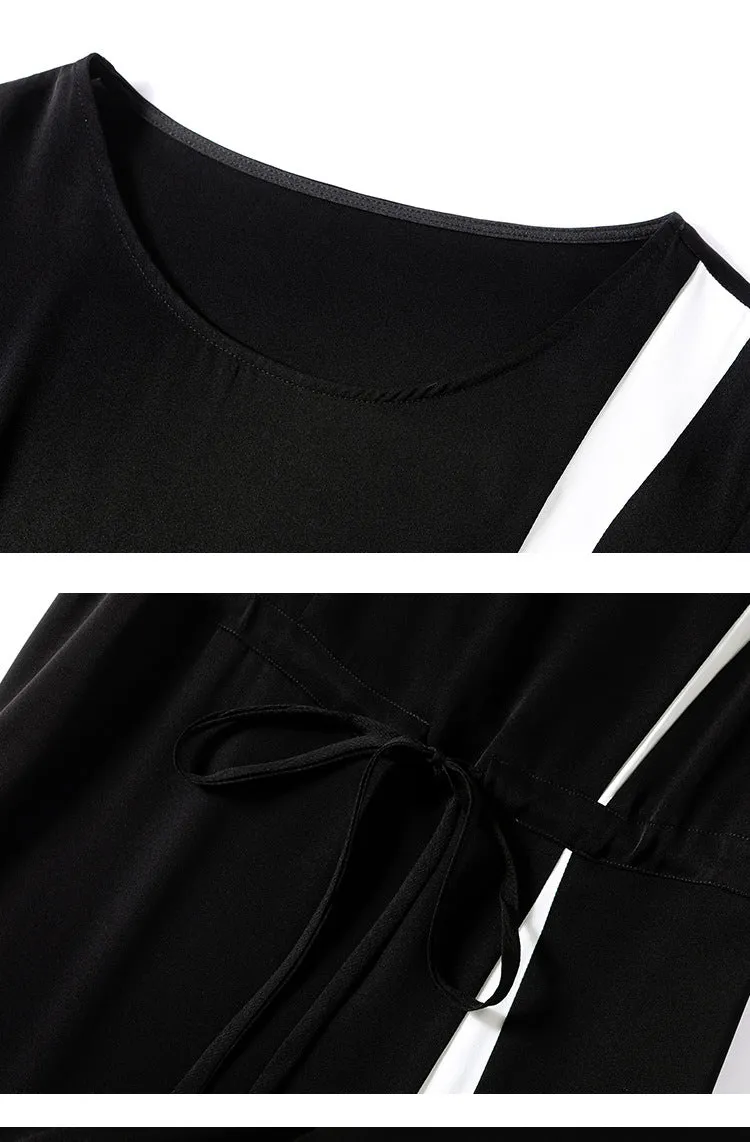 Women's Summer Silk Dress Waist Contrast Color Mid-length Dress
