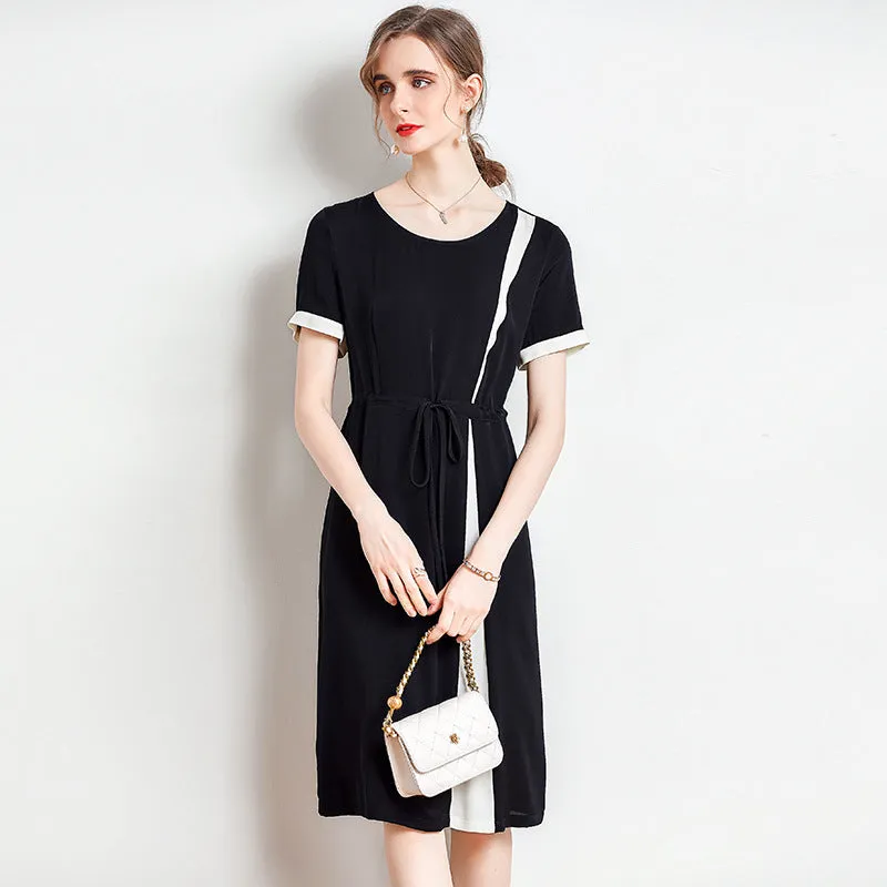 Women's Summer Silk Dress Waist Contrast Color Mid-length Dress