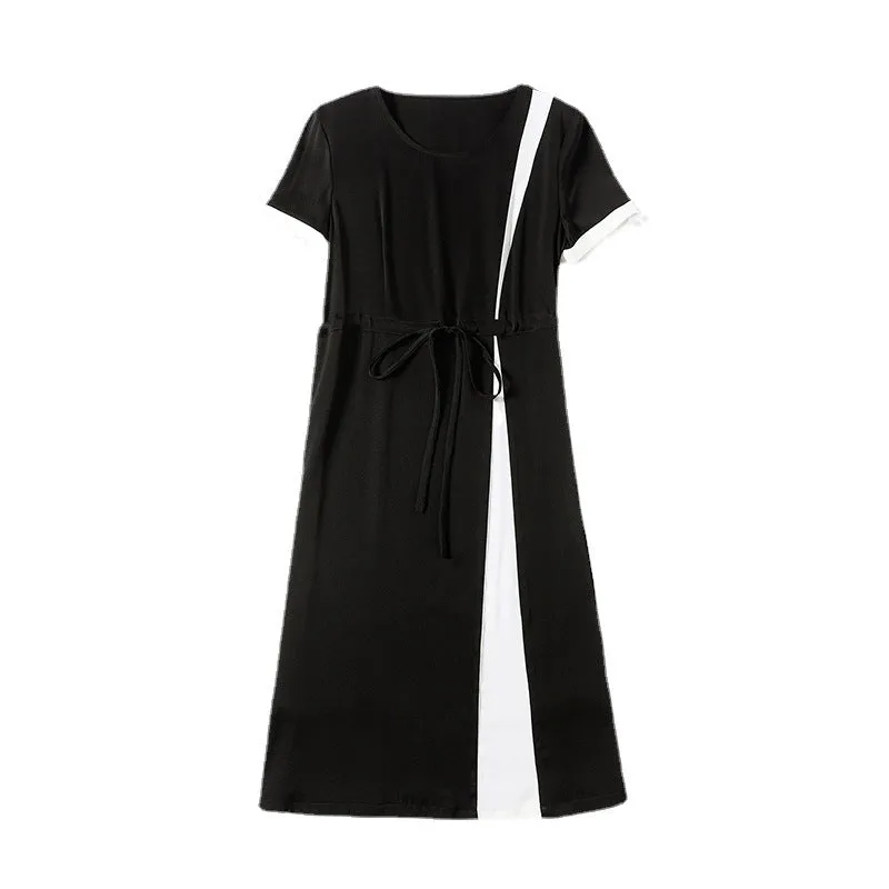 Women's Summer Silk Dress Waist Contrast Color Mid-length Dress
