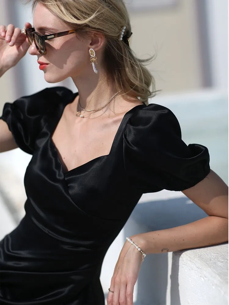 Women's summer square neck satin lady's party dress