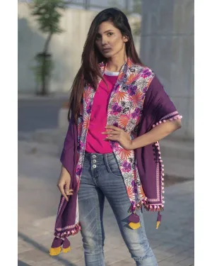 Women's Tropical Print Purple Khadi Dupatta or Stole
