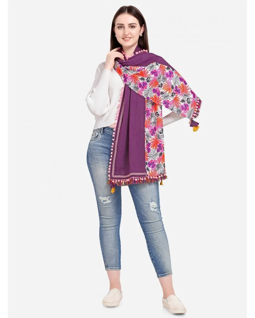 Women's Tropical Print Purple Khadi Dupatta or Stole