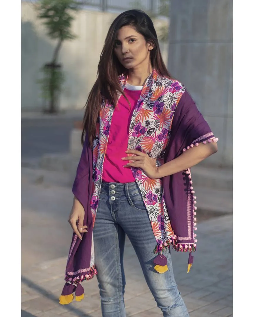 Women's Tropical Print Purple Khadi Dupatta or Stole