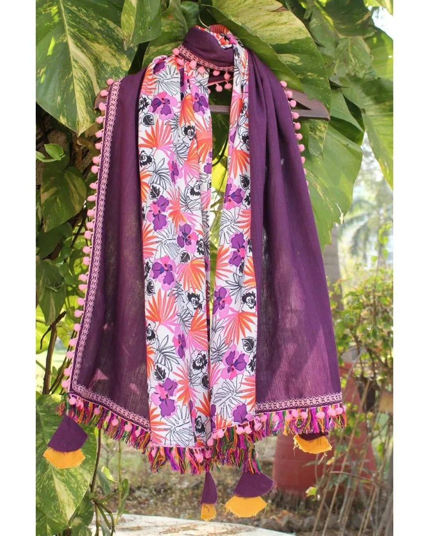 Women's Tropical Print Purple Khadi Dupatta or Stole