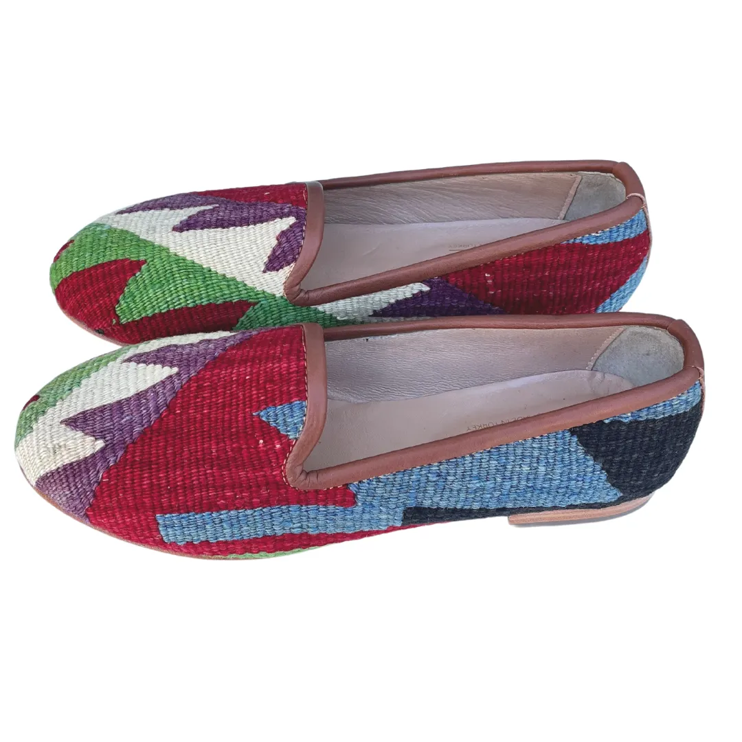 Women's Turkish Kilim Loafers | Red with Cream, Purple & Green Pattern