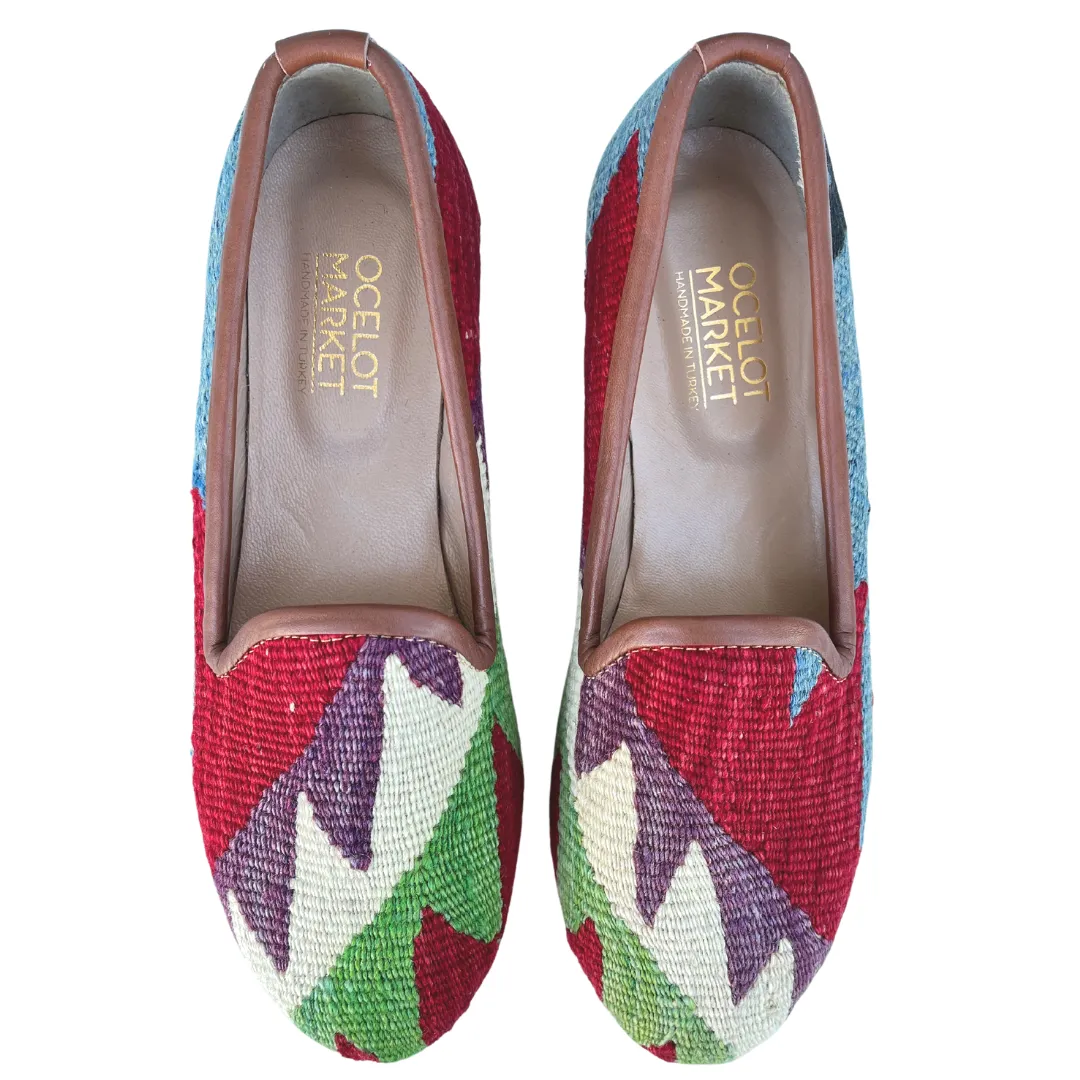 Women's Turkish Kilim Loafers | Red with Cream, Purple & Green Pattern