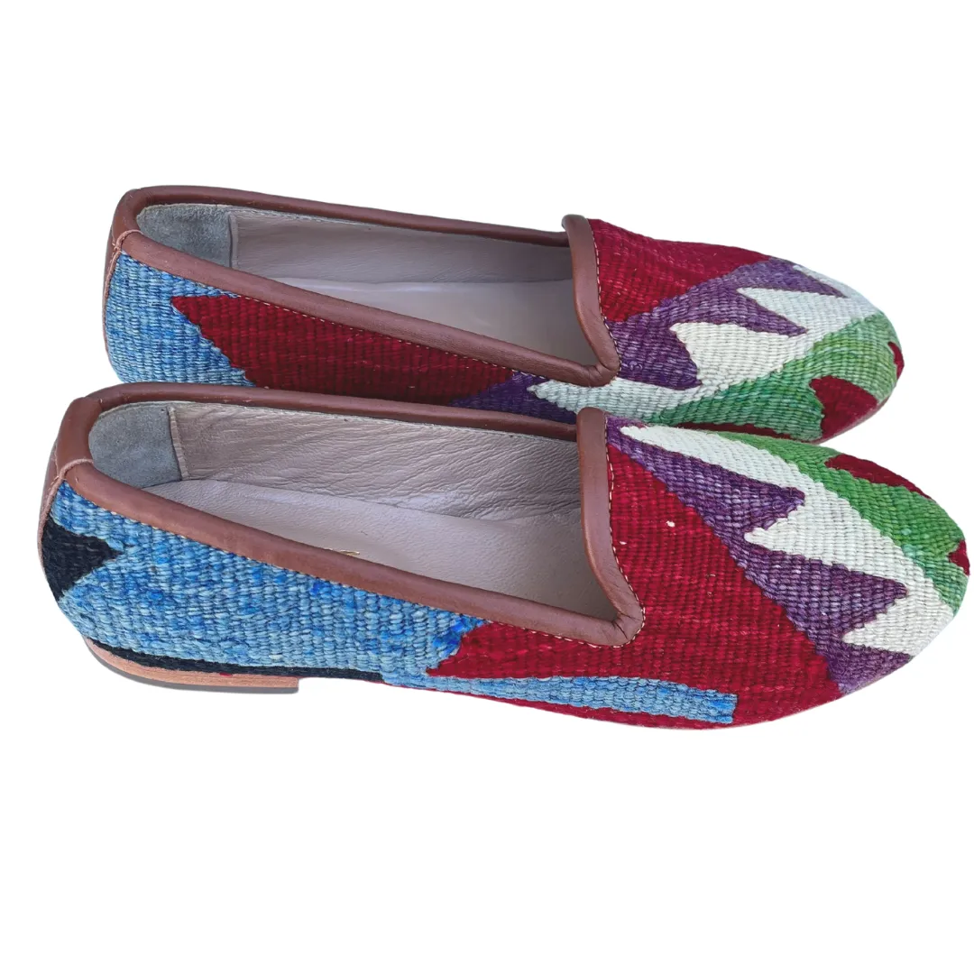 Women's Turkish Kilim Loafers | Red with Cream, Purple & Green Pattern