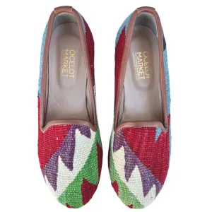 Women's Turkish Kilim Loafers | Red with Cream, Purple & Green Pattern