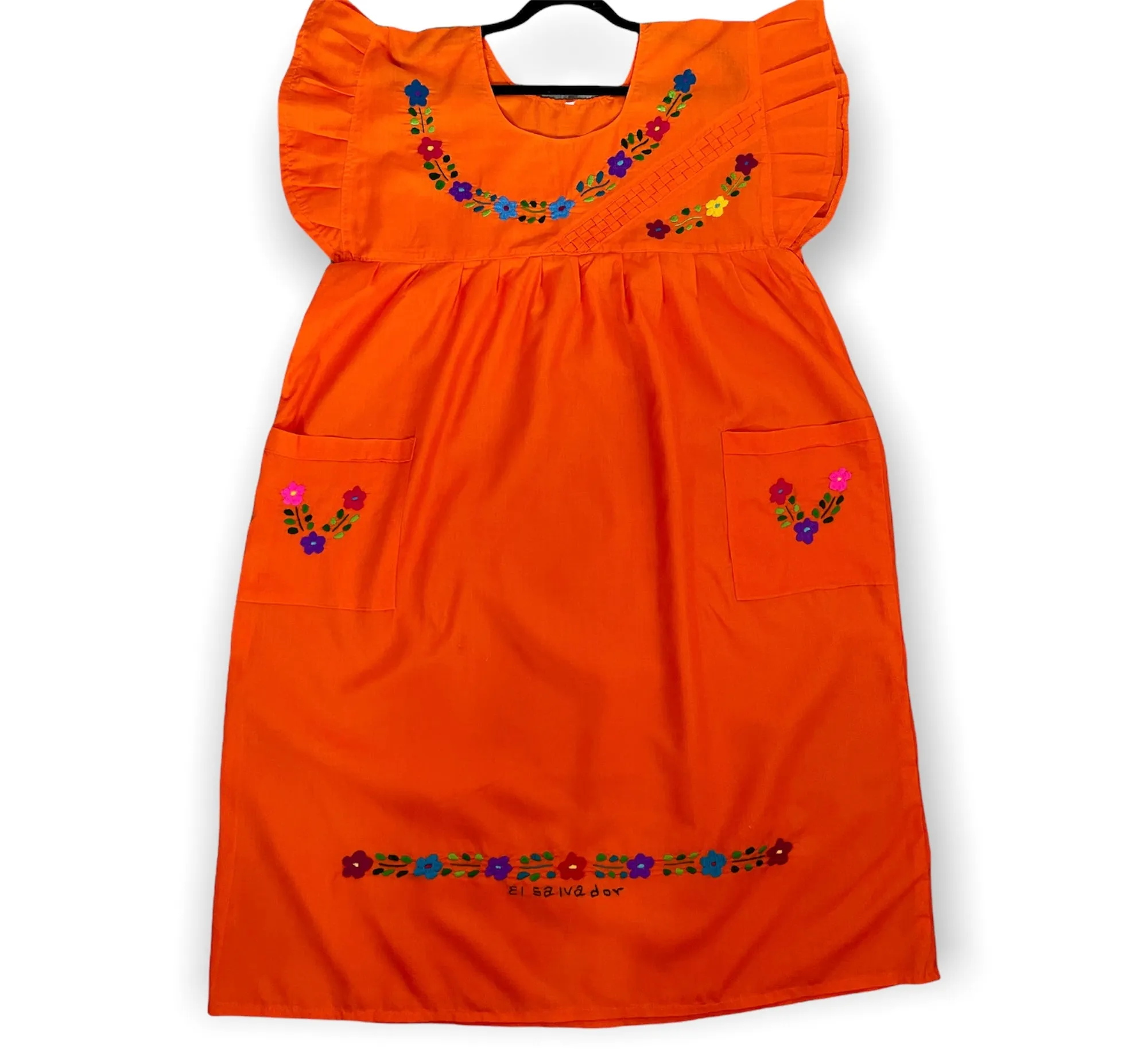 XL/XXL Orange Traditional Embroidered Dress from El Salvador