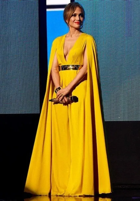 Yellow Jennifer Lopez (JLo) Sexy Cape Dress V Neck Prom Celebrity Formal Dress AMA