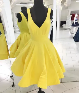 Yellow v neck satin short prom dress, yellow homecoming dress