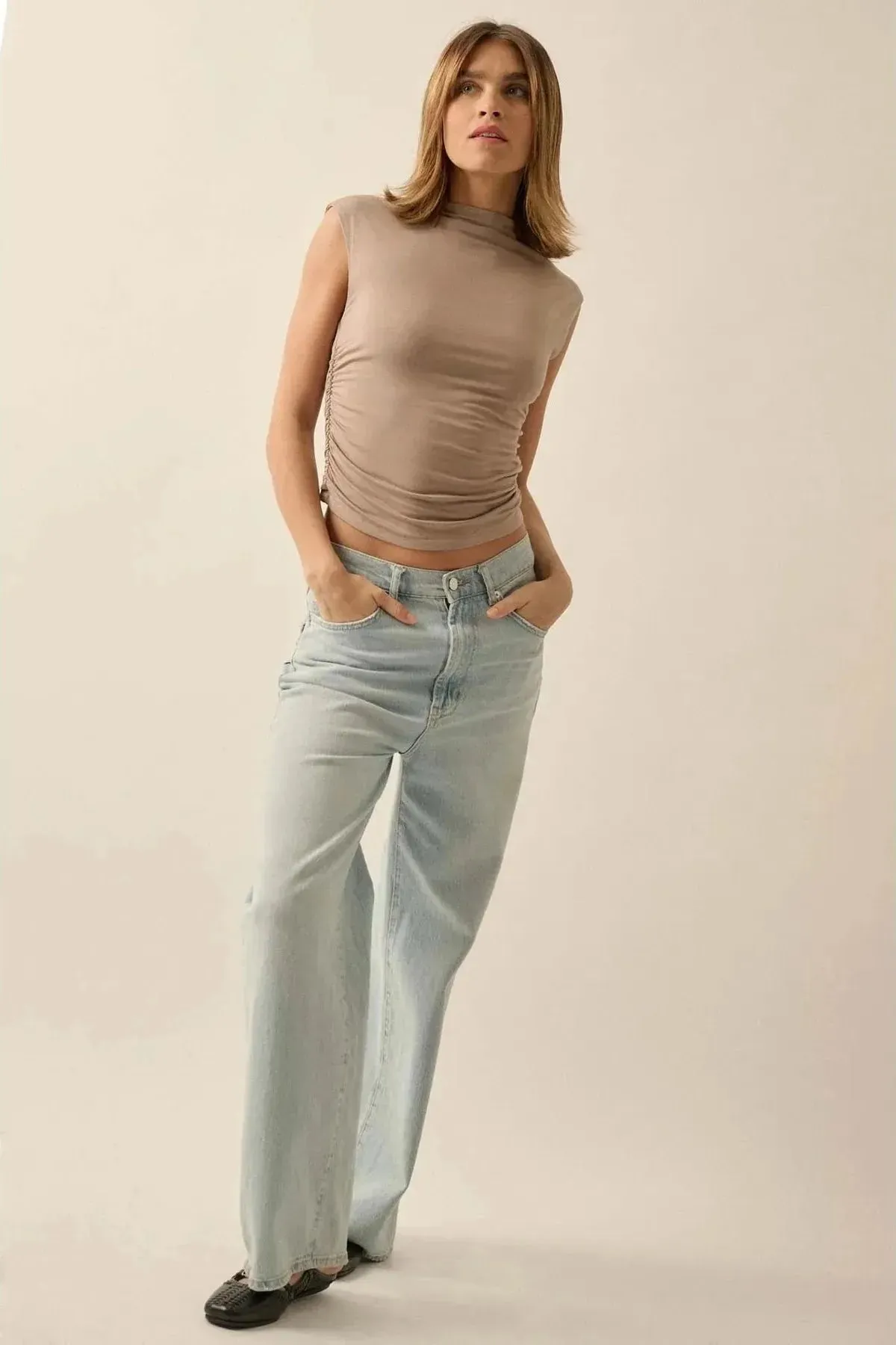 Yve Ruched Mock Neck Tank - Stone