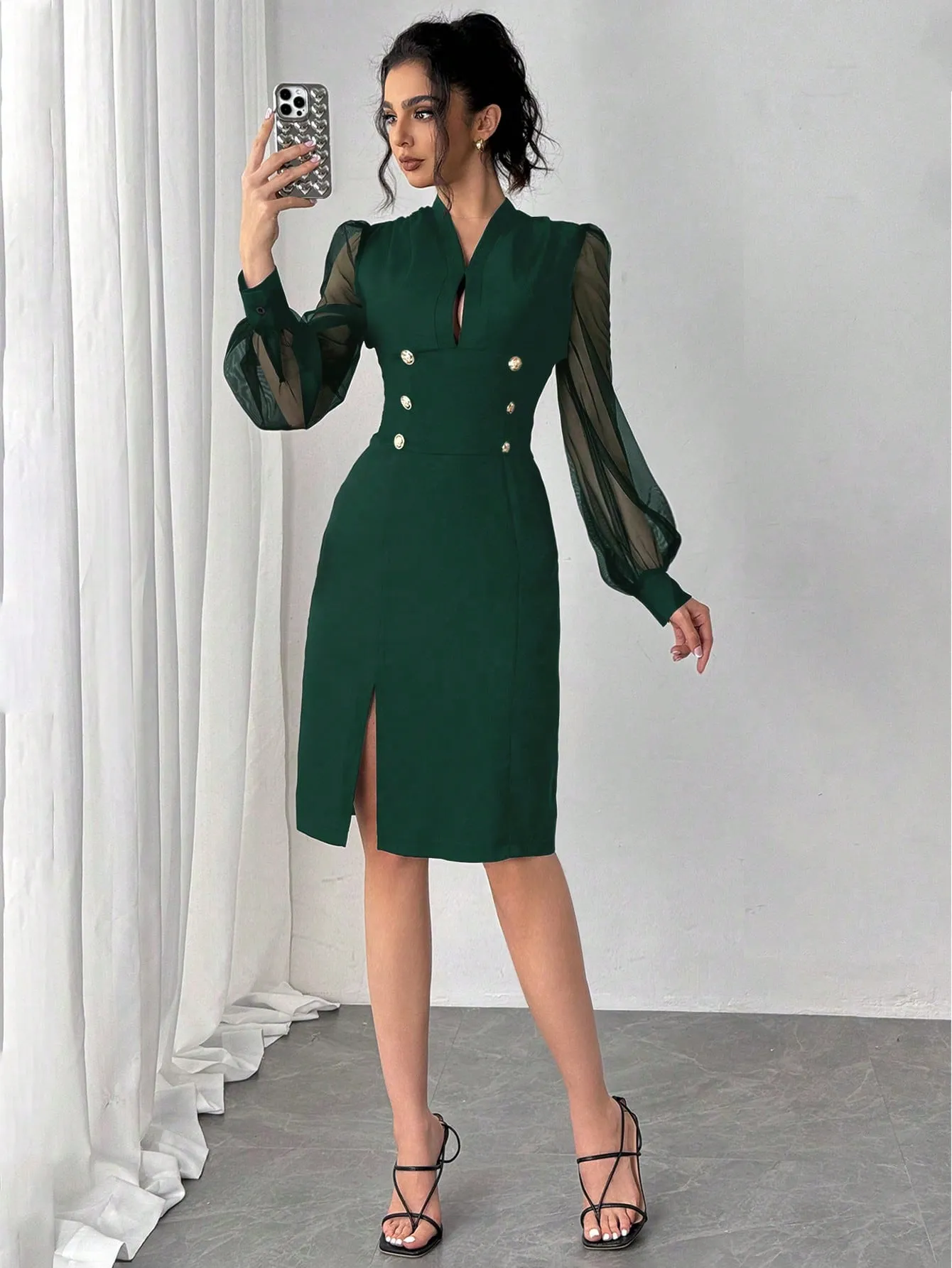 ZENA Elegant Commuter Dress With Mesh Splice Sleeves