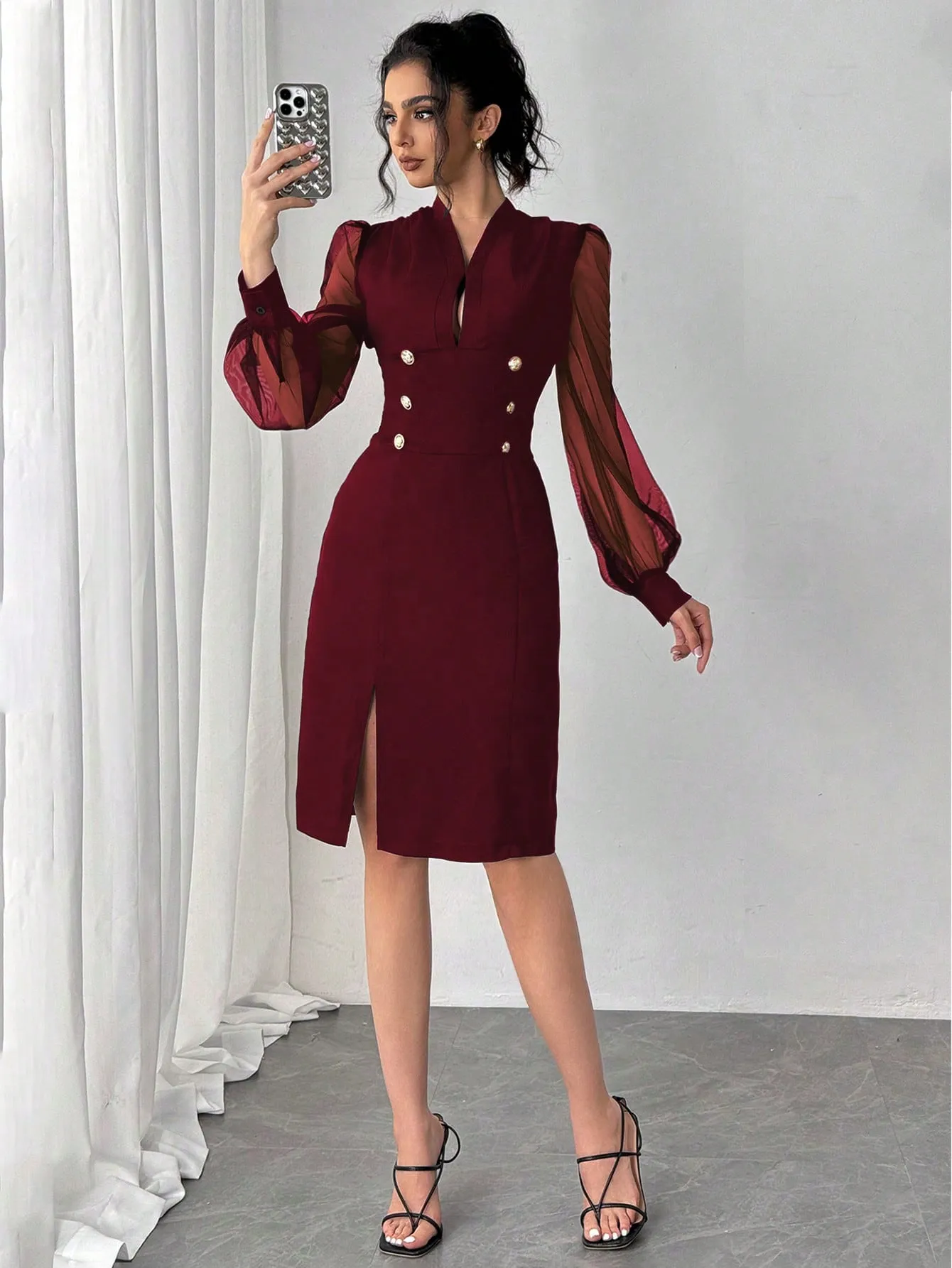 ZENA Elegant Commuter Dress With Mesh Splice Sleeves