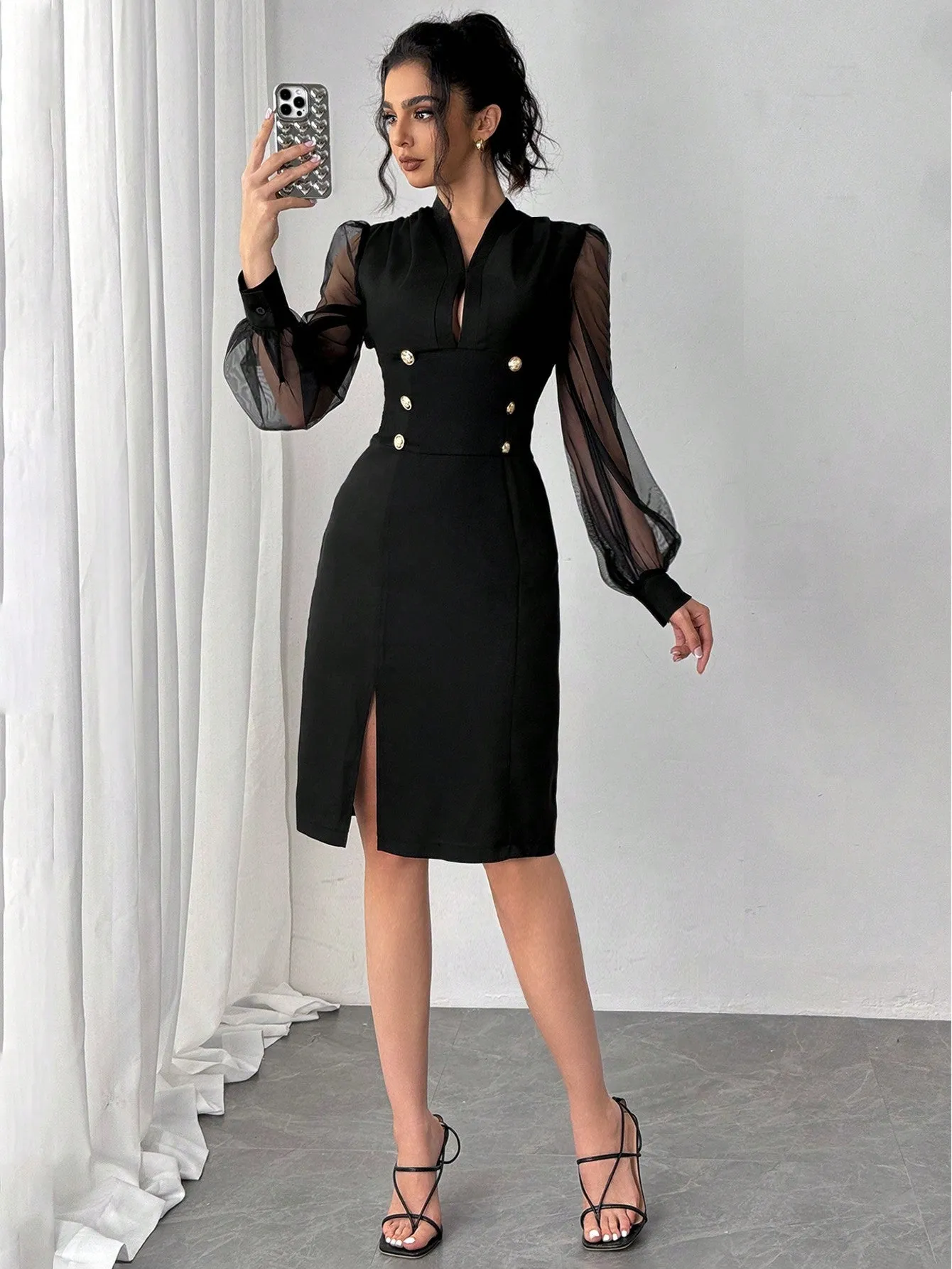 ZENA Elegant Commuter Dress With Mesh Splice Sleeves