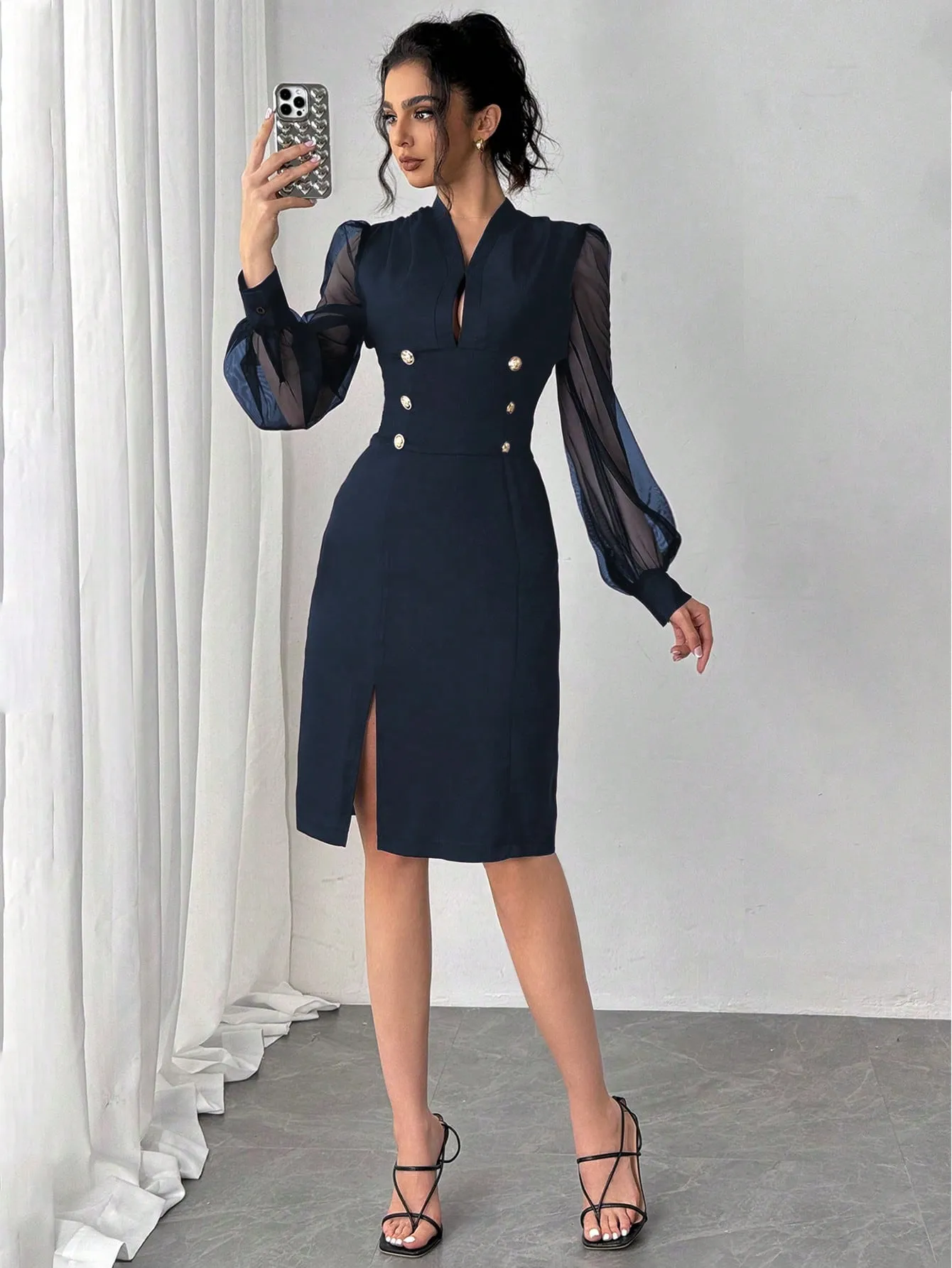 ZENA Elegant Commuter Dress With Mesh Splice Sleeves