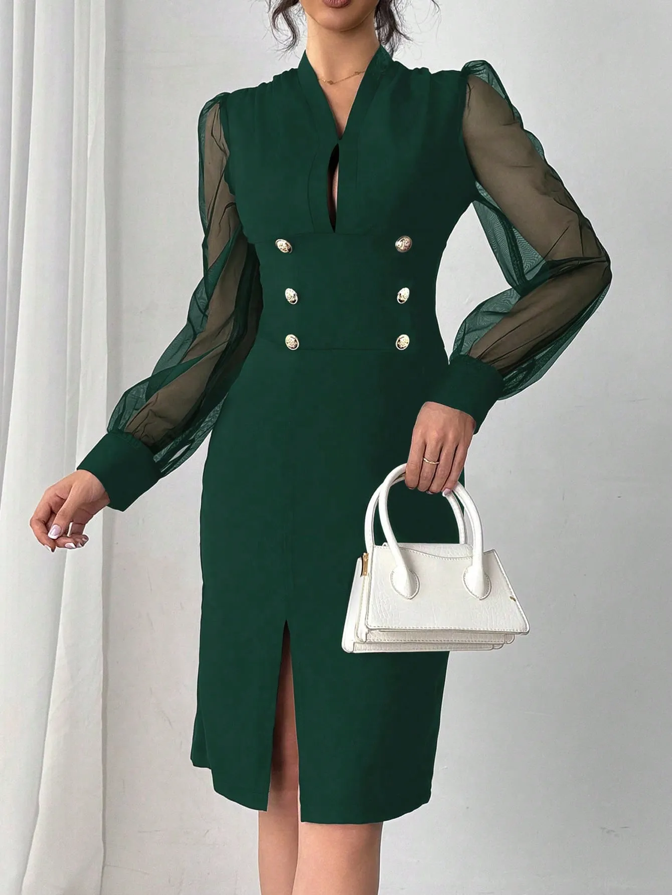 ZENA Elegant Commuter Dress With Mesh Splice Sleeves