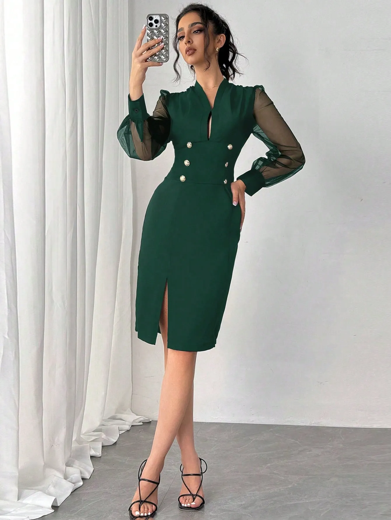 ZENA Elegant Commuter Dress With Mesh Splice Sleeves