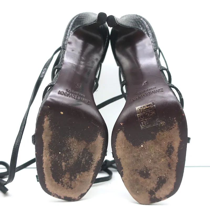 Zimmermann Ankle Tie Sandals Black Snake-Embossed Leather Size 37 Open Toe Heels