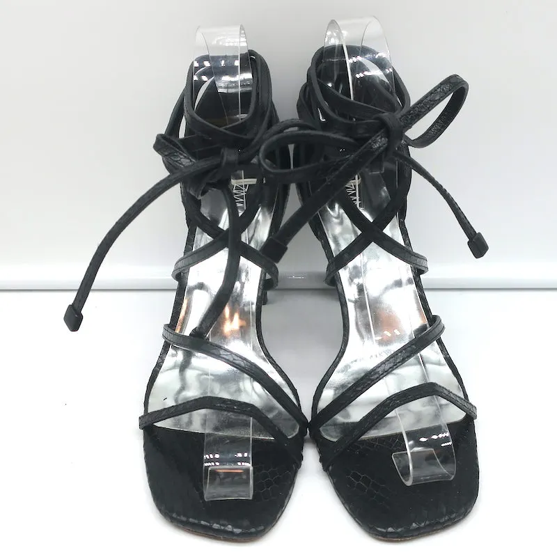 Zimmermann Ankle Tie Sandals Black Snake-Embossed Leather Size 37 Open Toe Heels