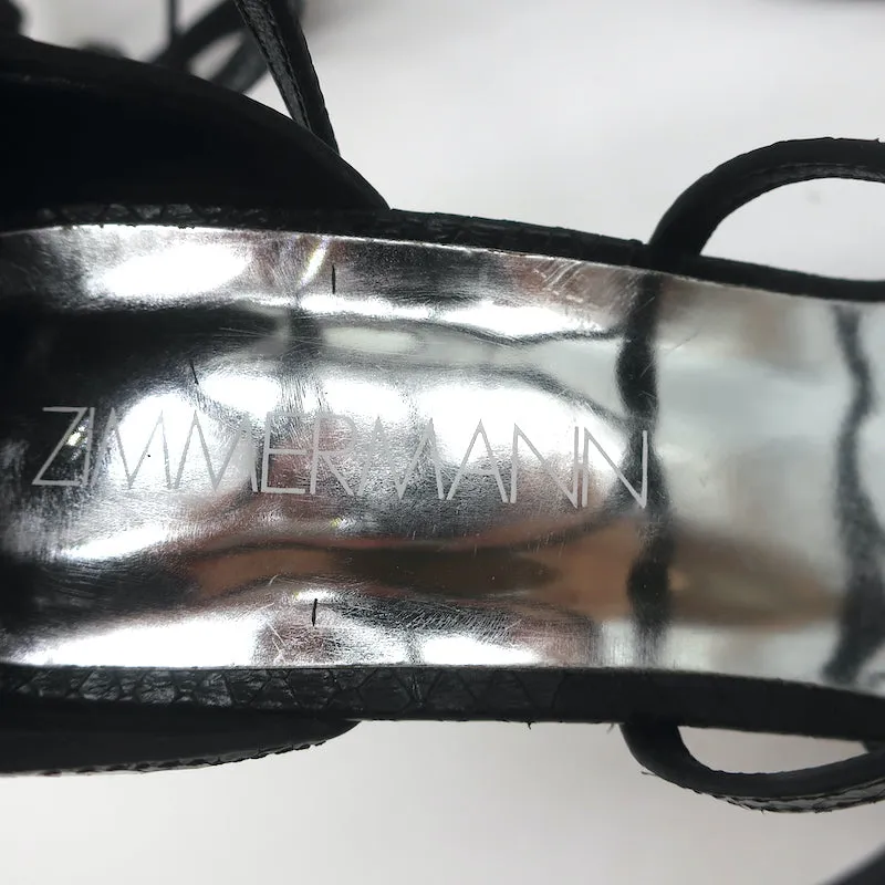 Zimmermann Ankle Tie Sandals Black Snake-Embossed Leather Size 37 Open Toe Heels