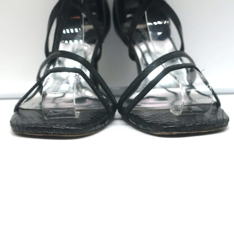 Zimmermann Ankle Tie Sandals Black Snake-Embossed Leather Size 37 Open Toe Heels