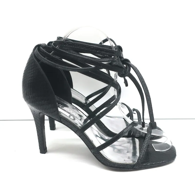Zimmermann Ankle Tie Sandals Black Snake-Embossed Leather Size 37 Open Toe Heels